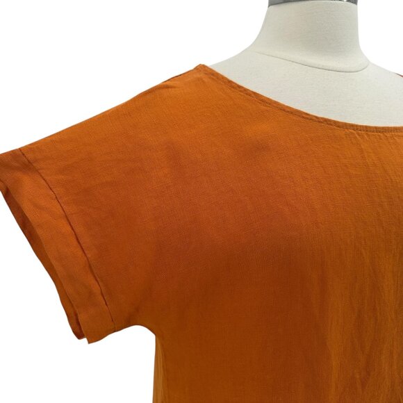 Terzo Millennio Womens Large Tunic Top Linen Orange Relaxed Fit Button Back - Picture 2 of 7